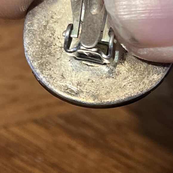 Vintage Art Deco Revival Round 925 Sterling Onyx Marcasite MOP Clip On Earrings - Picture 9 of 10